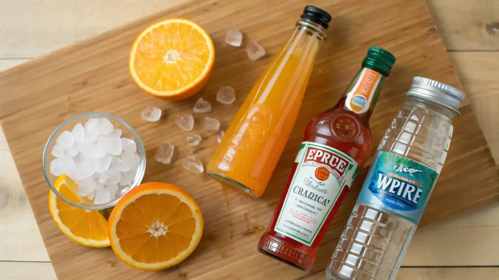 Ingredients for an Aperol mocktail including orange juice, sparkling water, fresh orange slices, simple syrup, and ice cubes.