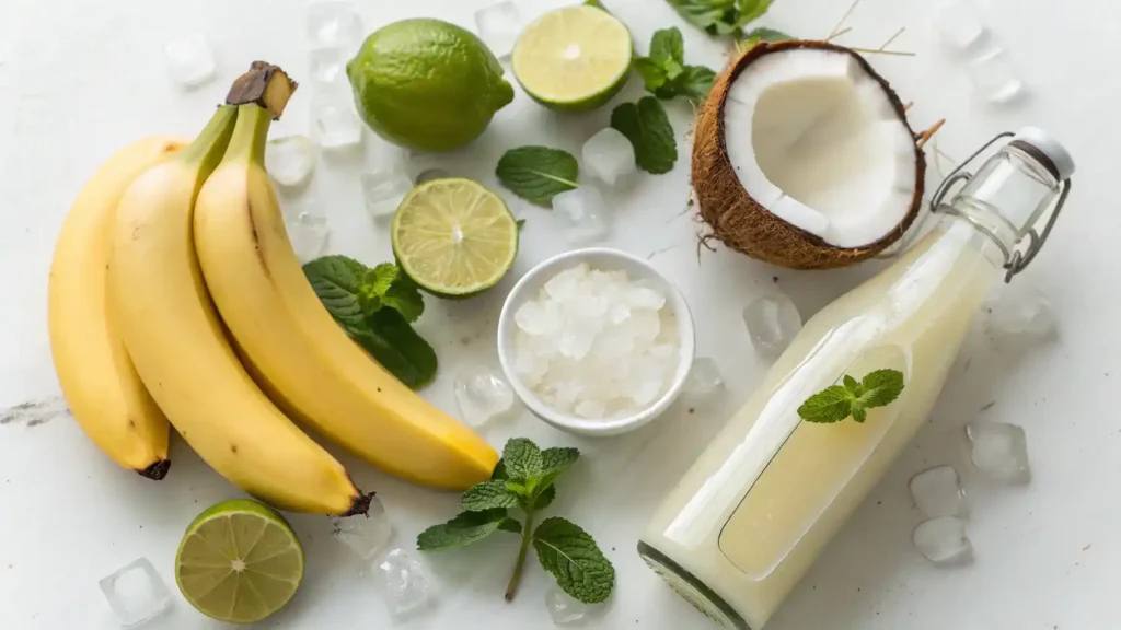 Ingredients for a Banana Daiquiri mocktail displayed on a wooden table.