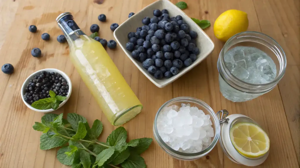 Ingredients for Blueberry Lemon Drop Slushies arranged on a wooden table.