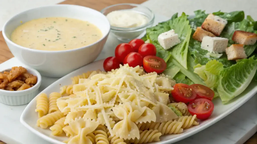 Ingredients for Caesar Pasta Salad displayed on a wooden table.