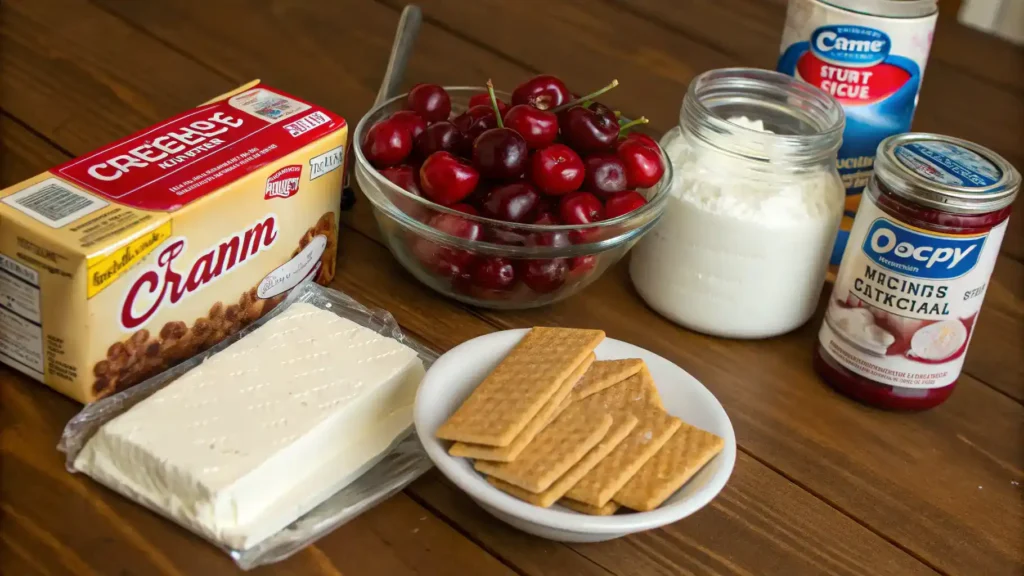 Ingredients for Cherry Cheesecake displayed on a wooden table.