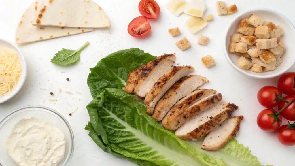Ingredients for Chicken Caesar Wrap displayed on a wooden cutting board.