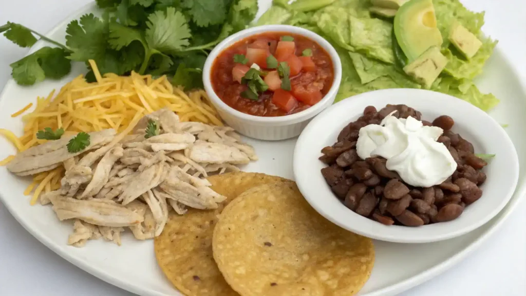 Ingredients for Chicken Tostadas including chicken, tostada shells, and fresh toppings.