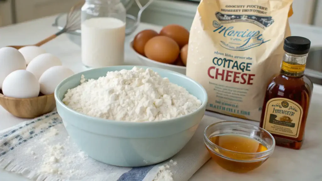 Ingredients for cottage cheese muffins arranged on a kitchen counter.