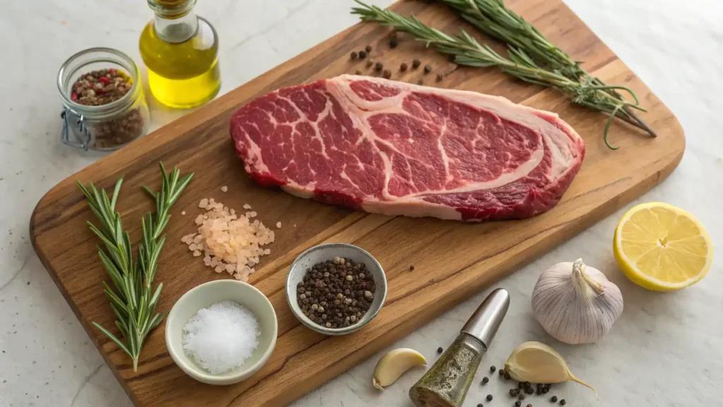Ingredients for Coulotte Steak including steak, olive oil, and spices arranged on a wooden cutting board.