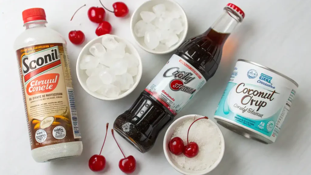 Ingredients for making dirty soda displayed on a wooden table.
