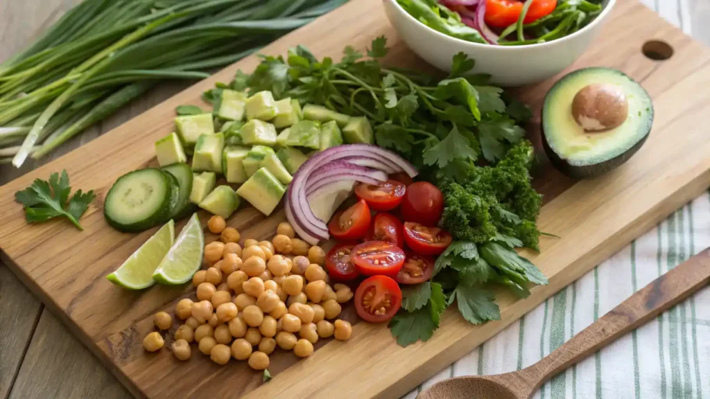 Ingredients for Green Goddess Salad including mixed greens, cucumber, cherry tomatoes, and avocado.