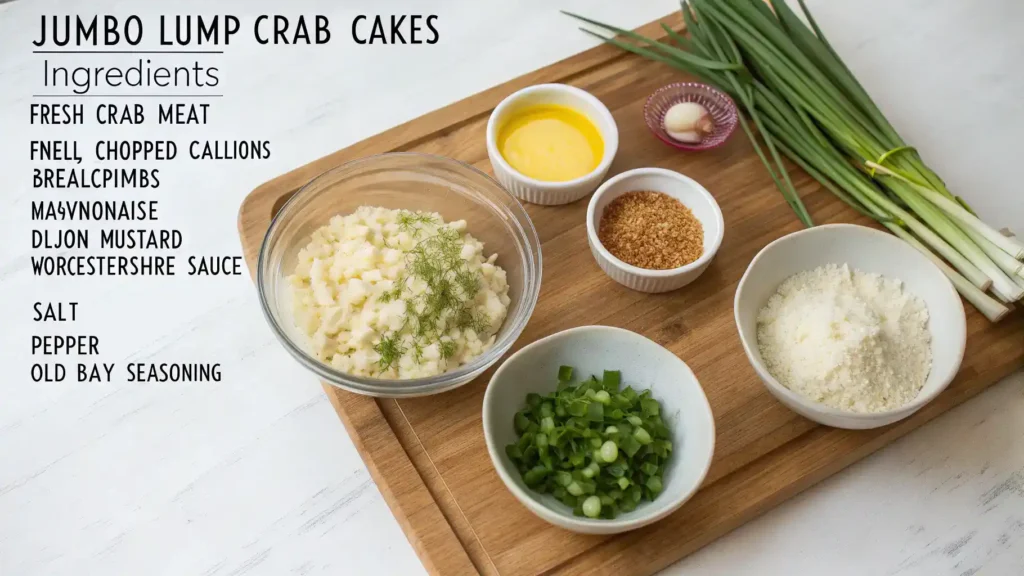Ingredients for JUMBO LUMP CRAB CAKES displayed on a cutting board.