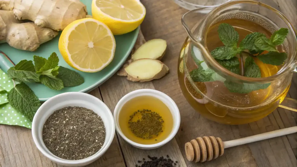 Ingredients for muddy water drink including water, green tea, lemon juice, honey, mint leaves, ginger, and chia seeds.
