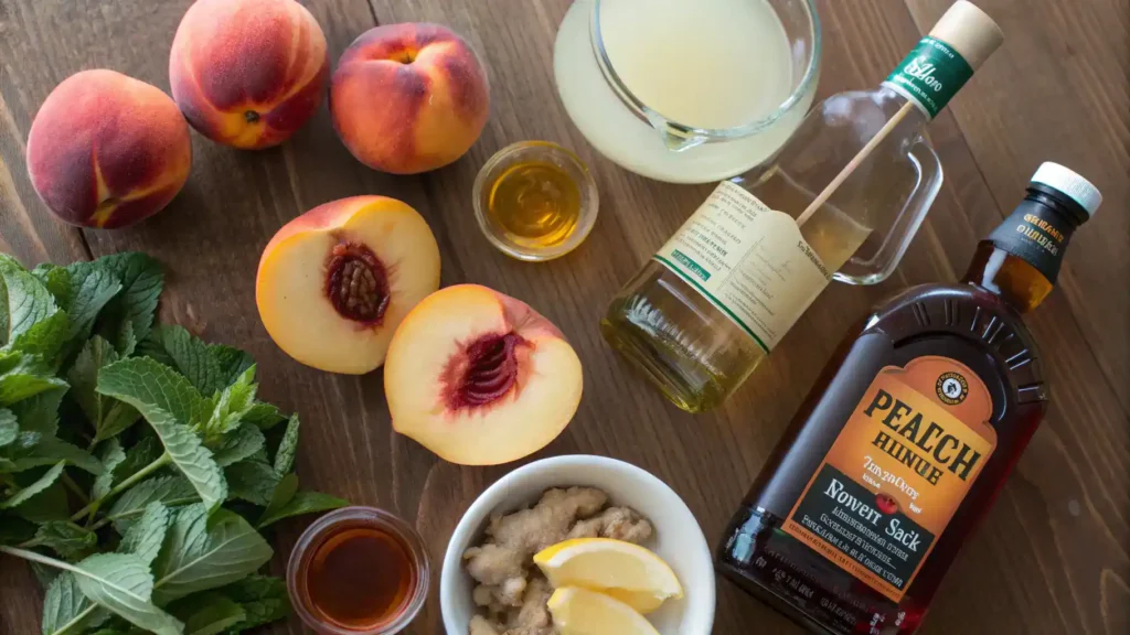 Ingredients for Peach-Bourbon drink displayed beautifully.