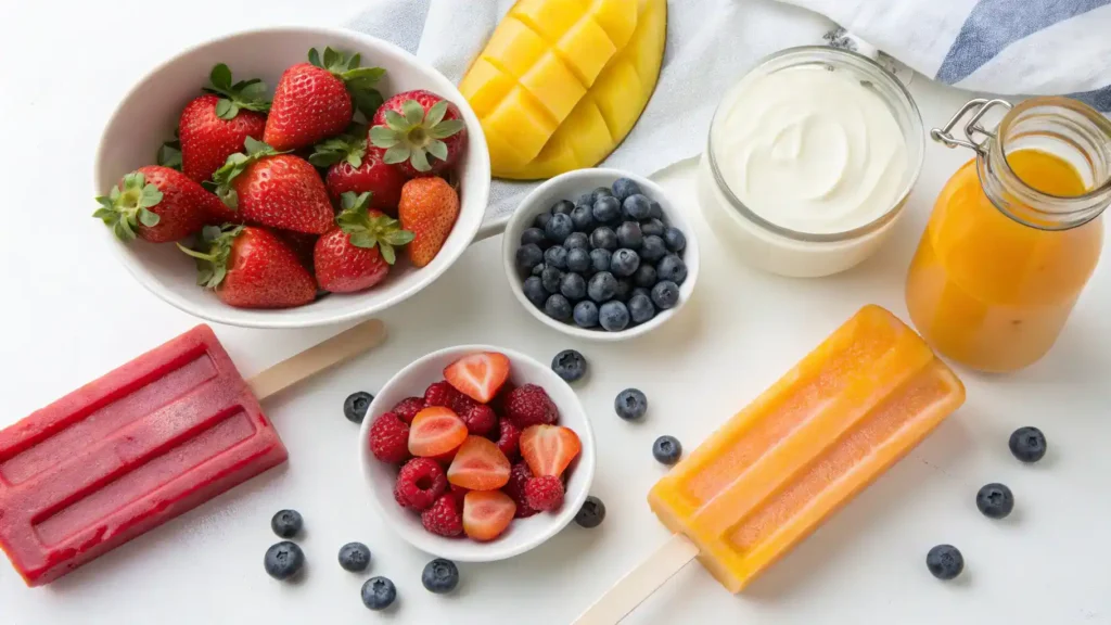 Ingredients for making popcicles including fruit juice, fresh fruit pieces, yogurt, and honey.