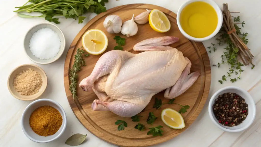 Ingredients for rotisserie chicken arranged on a wooden table.