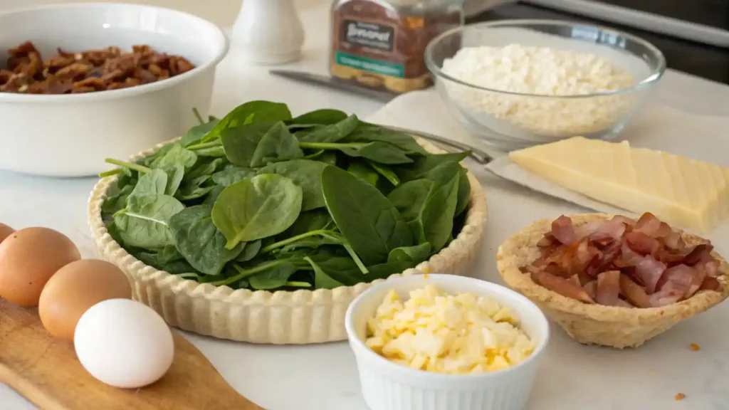 Ingredients for spinach and bacon quiche including spinach, bacon, eggs, cream, cheese, and spices.
