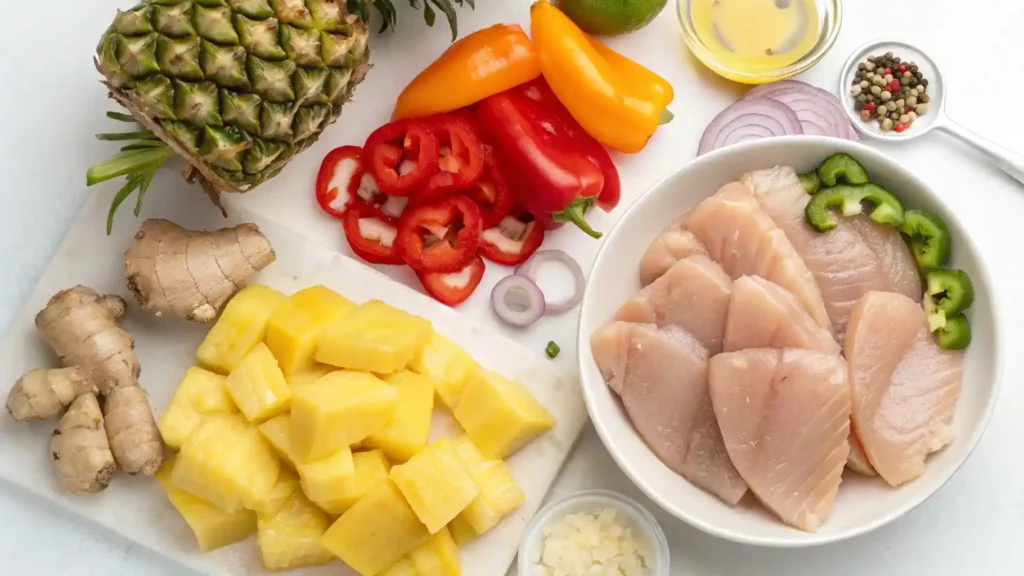 Ingredients for Sweet n Sour Pineapple Chicken displayed on a wooden cutting board.