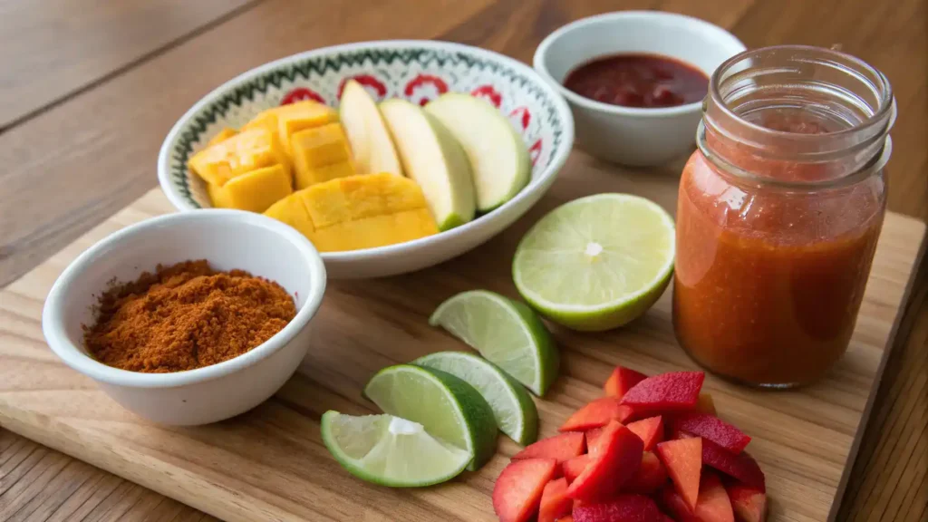 Ingredients for Tajin and Chamoy recipe displayed on a wooden table.
