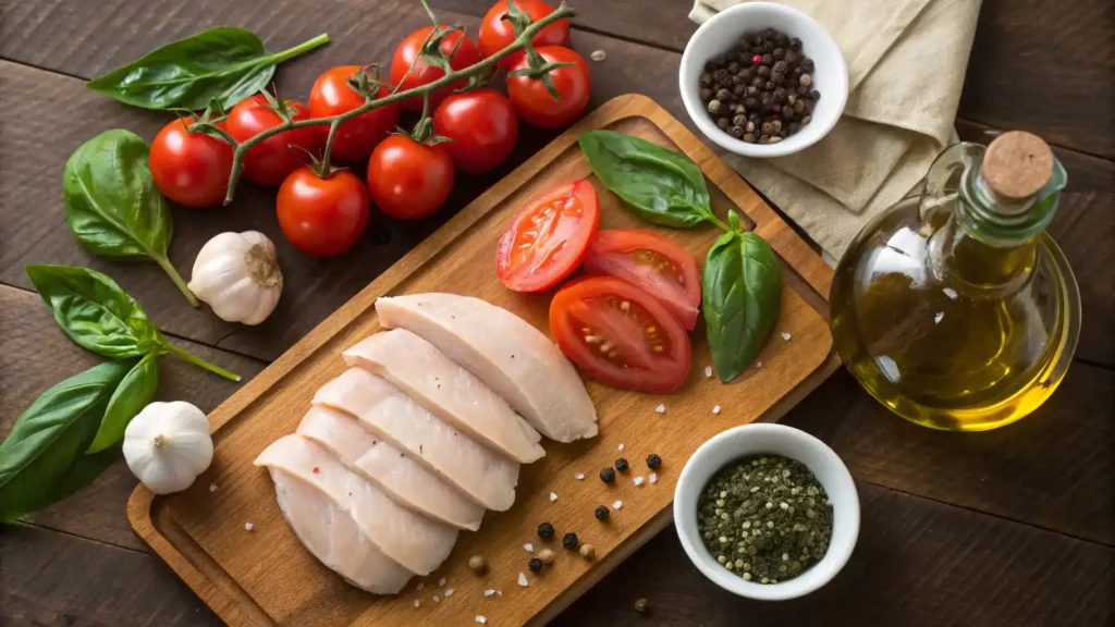 Ingredients for Tomato-Basil Chicken displayed on a cutting board.