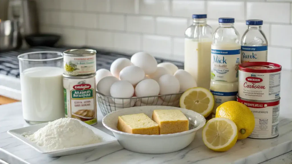 Ingredients for tres leches cake displayed on a kitchen counter.