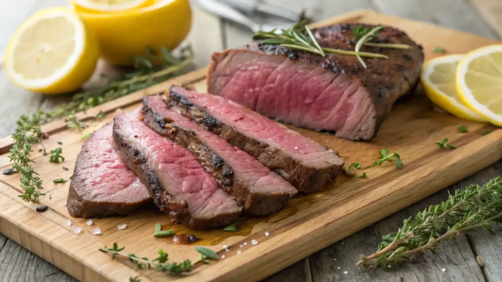 Sliced Coulotte Steak on a wooden board, revealing its juicy interior and garnished with herbs.