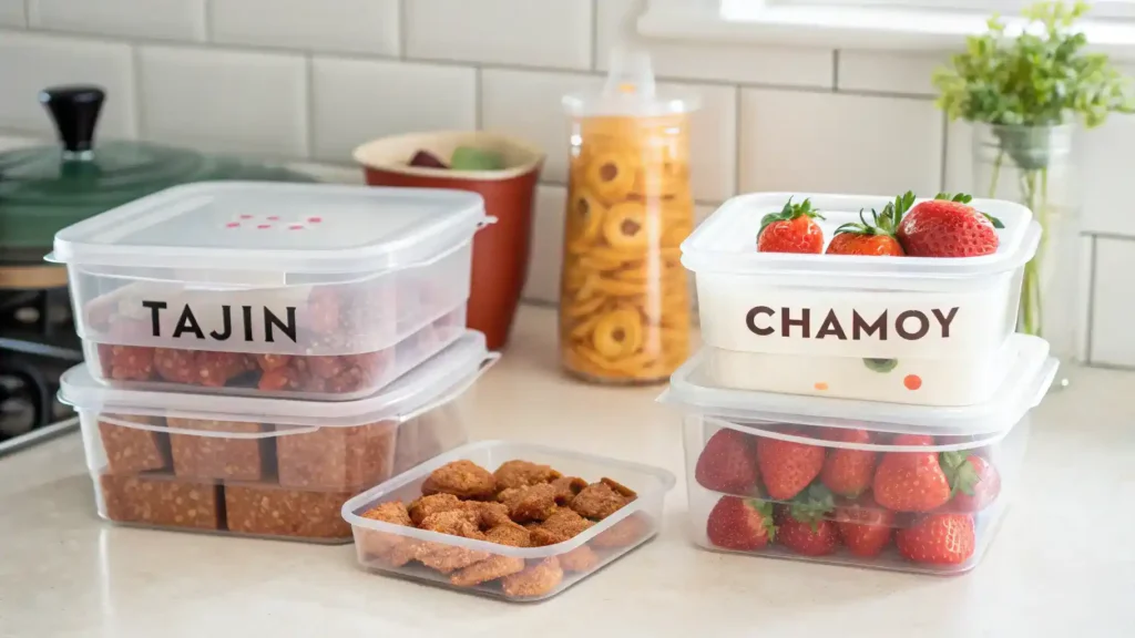 Proper storage methods for Tajin and Chamoy snacks, including containers and labels.