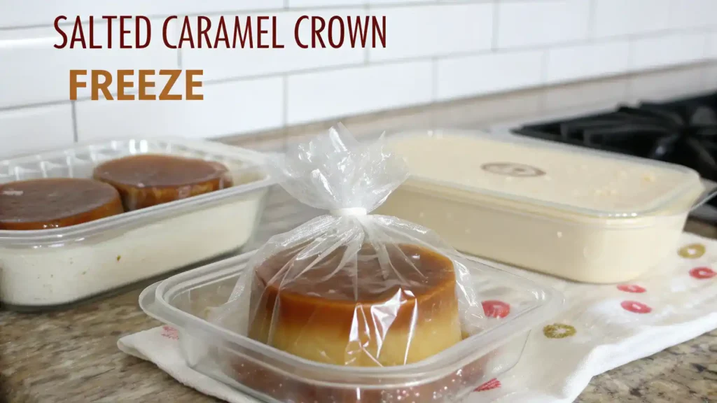 Storage methods for salted caramel crown displayed in a kitchen.
