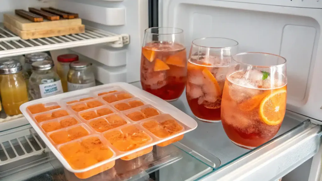 An aesthetically arranged display of all the ingredients needed to make a delicious Aperol mocktail, showcasing the vibrant colors and freshness of each component.
