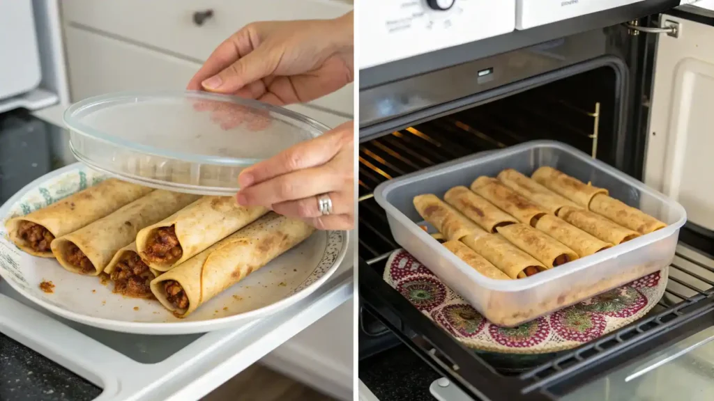 Storage and reheating instructions for Beef Taquitos.