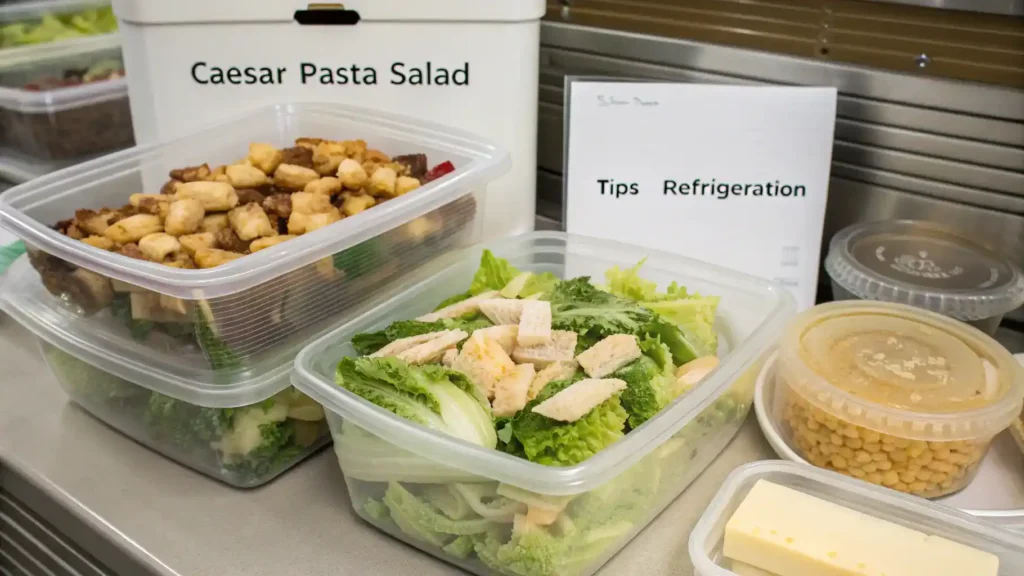 Storage tips for Caesar Pasta Salad leftovers.