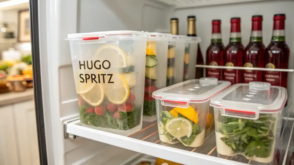 Storage tips for Hugo Spritz mocktail, including airtight containers and refrigerator.