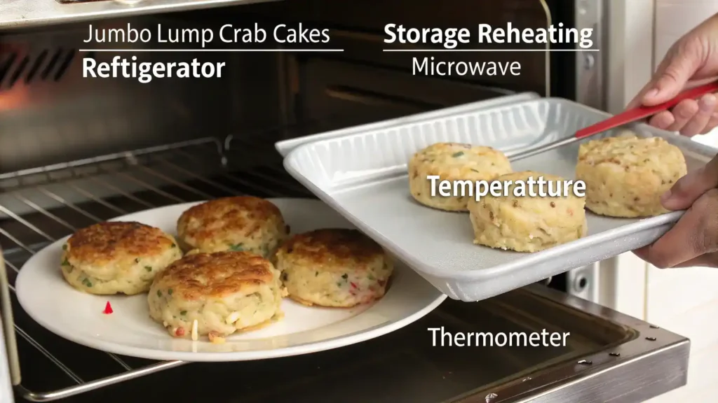 Storage and reheating instructions for JUMBO LUMP CRAB CAKES.
