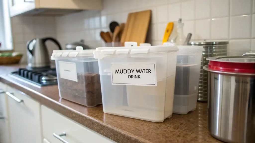 Proper storage methods for muddy water drink in airtight containers.