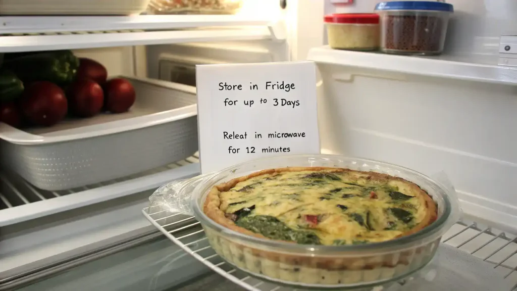 Spinach and bacon quiche being stored in the refrigerator with storage tips visible.
