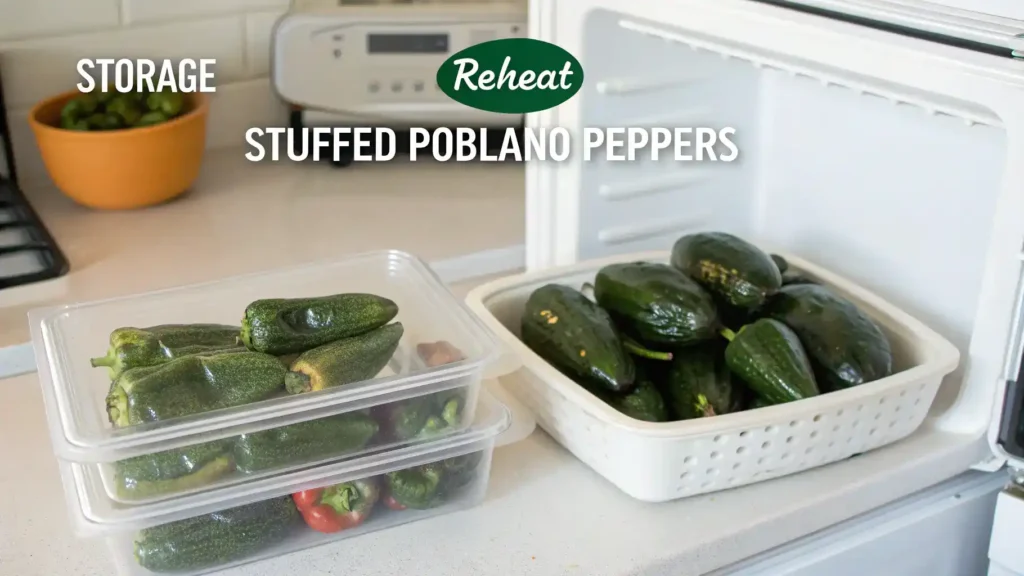 Storage and reheating instructions for stuffed poblano peppers.