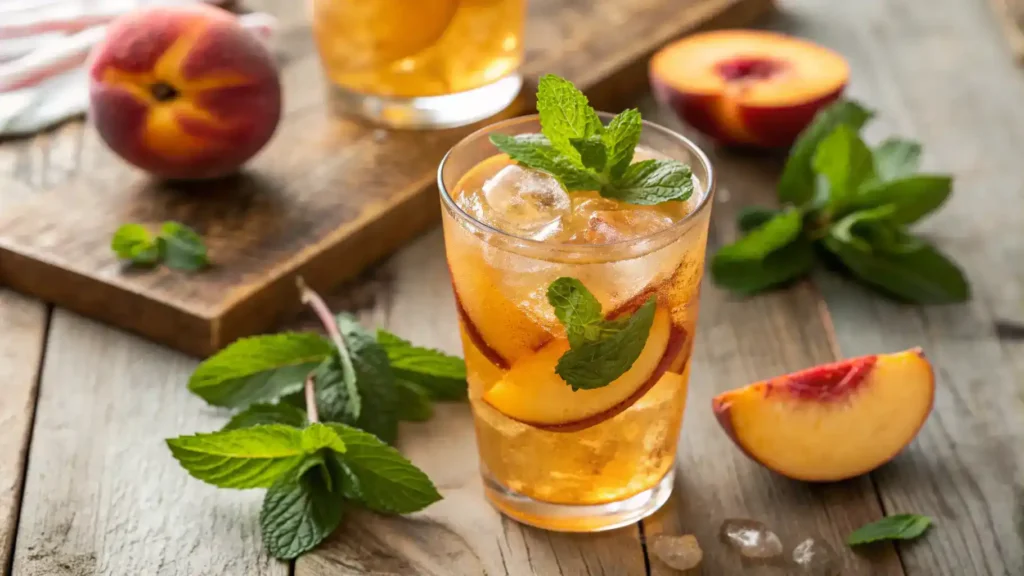 A refreshing Peach-Bourbon drink served in a glass with mint and peach garnish.
