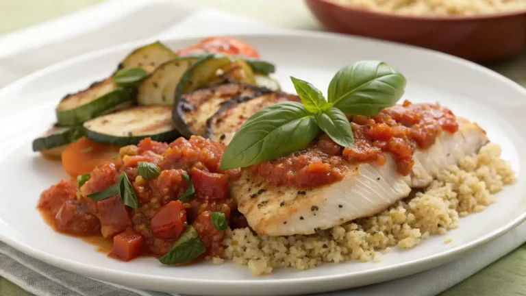 A beautifully plated Tomato-Basil Chicken dish with garnishes.