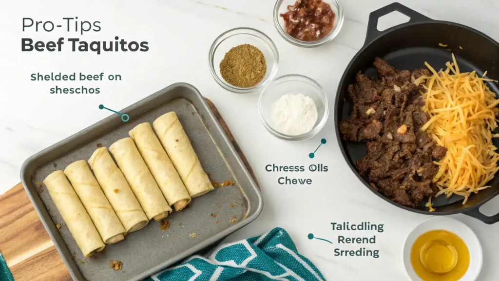 Generate an informative image that illustrates pro tips for making Beef Taquitos, including frying techniques and ingredient suggestions.
