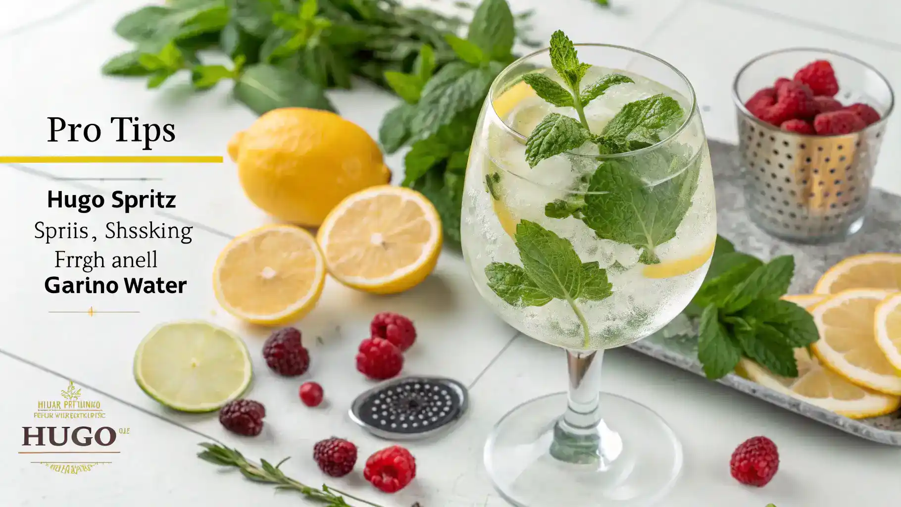 Pro tips for making Hugo Spritz mocktail, including fresh herbs and garnishes.