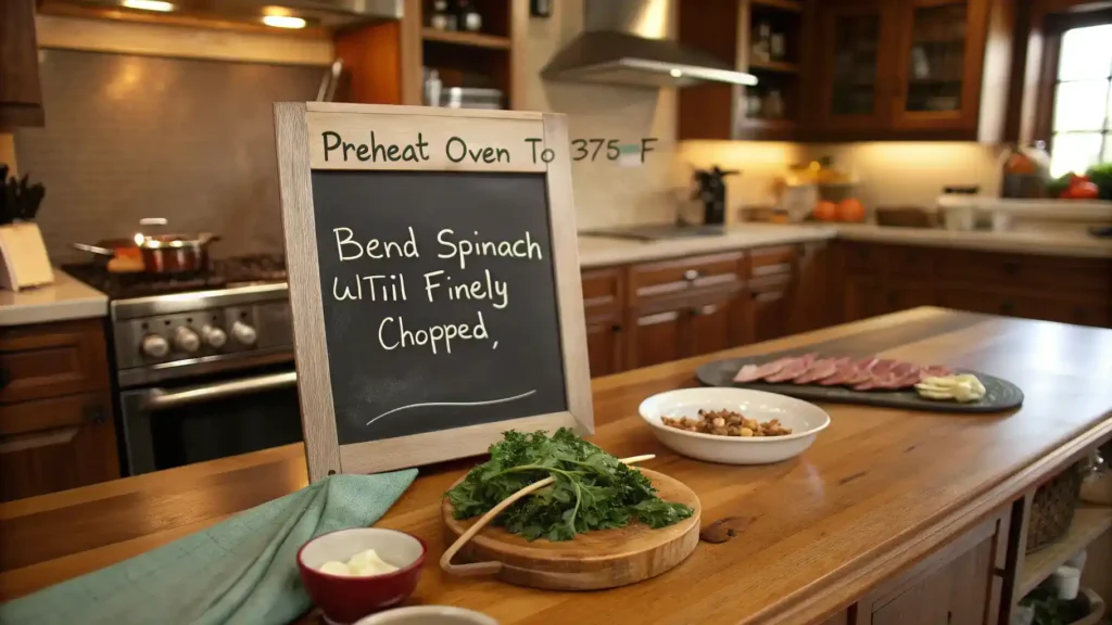 Pro tips for making spinach and bacon quiche written on a chalkboard in a cozy kitchen setting.