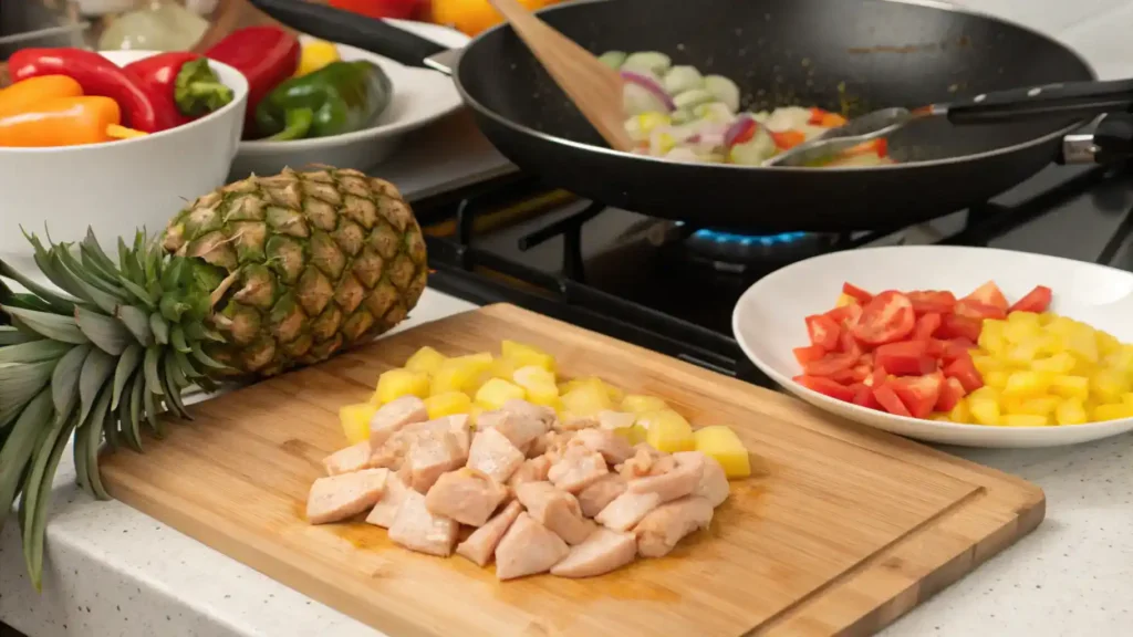Pro tips for making Sweet n Sour Pineapple Chicken displayed with ingredients.
