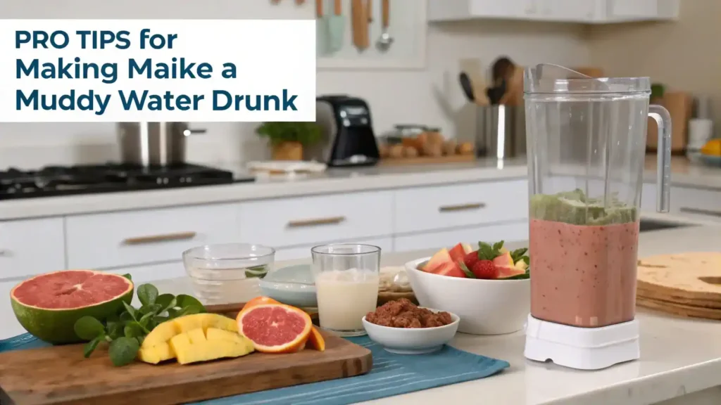Pro tips for making the muddy water drink with visuals of fresh ingredients.