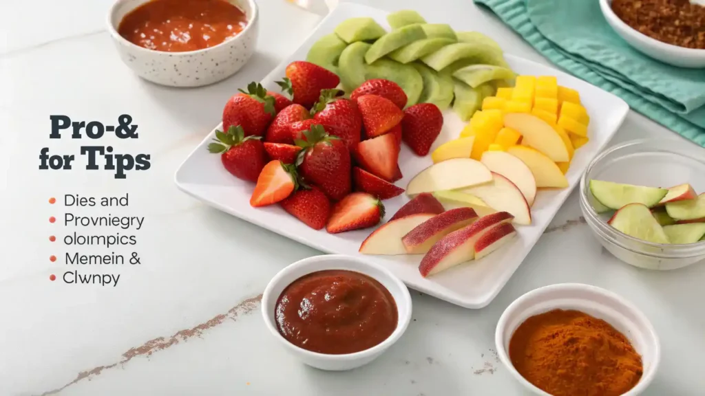 Pro tips for making a Tajin and Chamoy snack, displayed with fruits and seasonings.