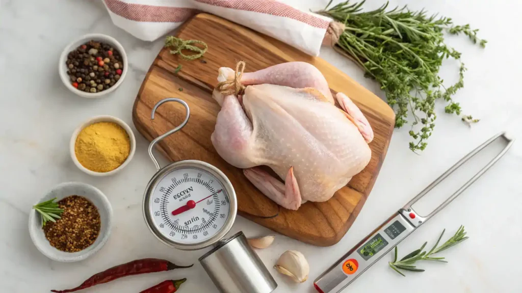 Pro tips for making rotisserie chicken displayed with ingredients and tools.
