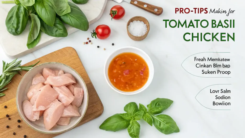 Serving suggestions for Tomato-Basil Chicken displayed on a table.