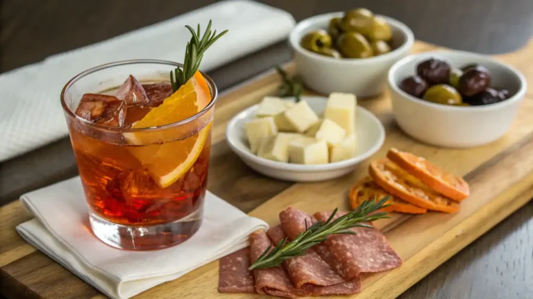 A Phony Negroni served with a selection of appetizers.