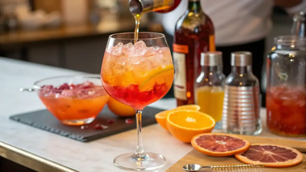 A vibrant Aperol-inspired mocktail in a large wine glass, filled with ice, orange juice, and garnished with an orange slice.