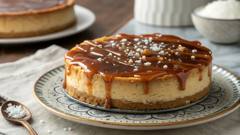 A beautifully plated salted caramel crown with caramel drizzle and sea salt.