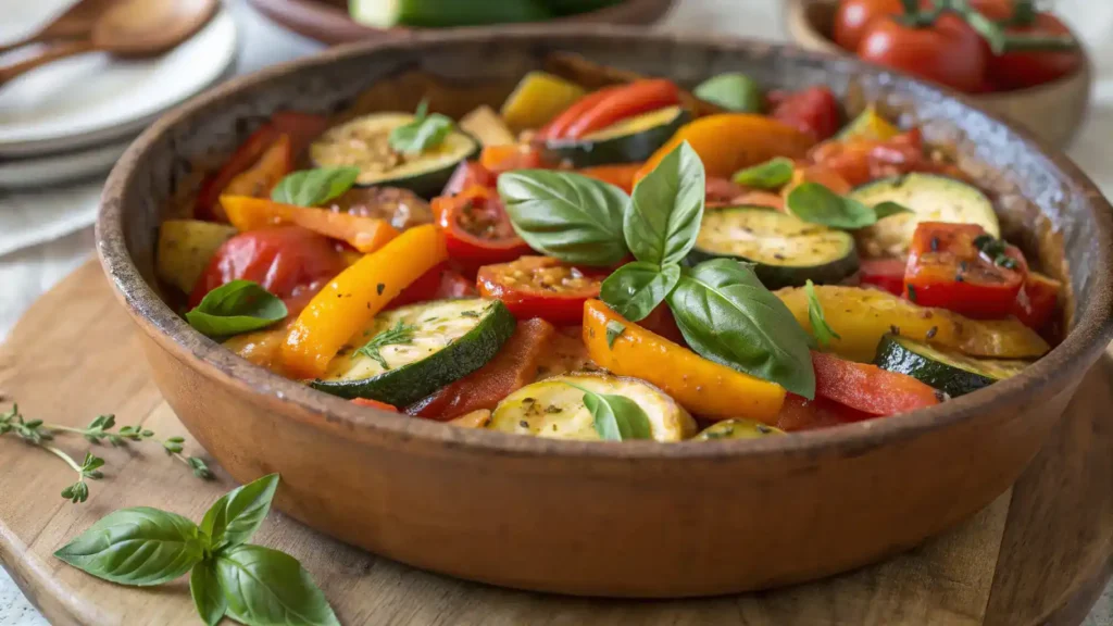 A beautifully plated Primavera dish garnished with fresh basil.
