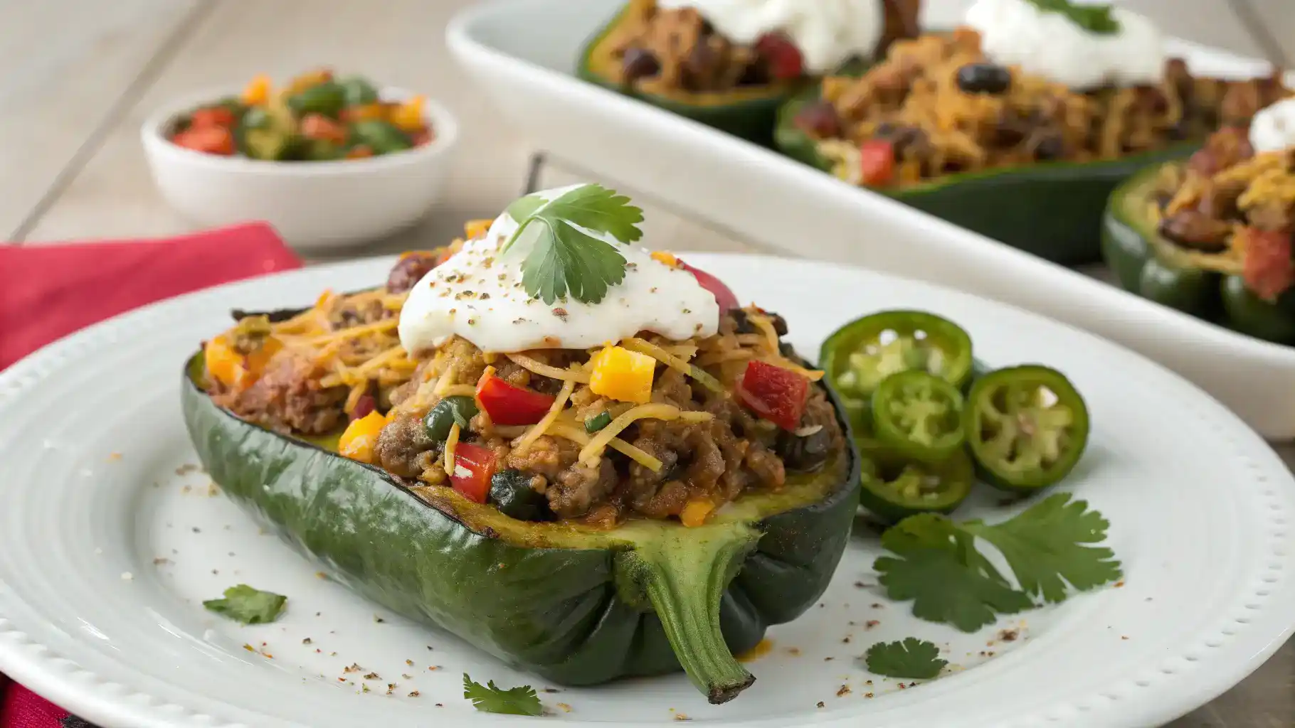 Deliciously baked stuffed poblano peppers served on a plate.