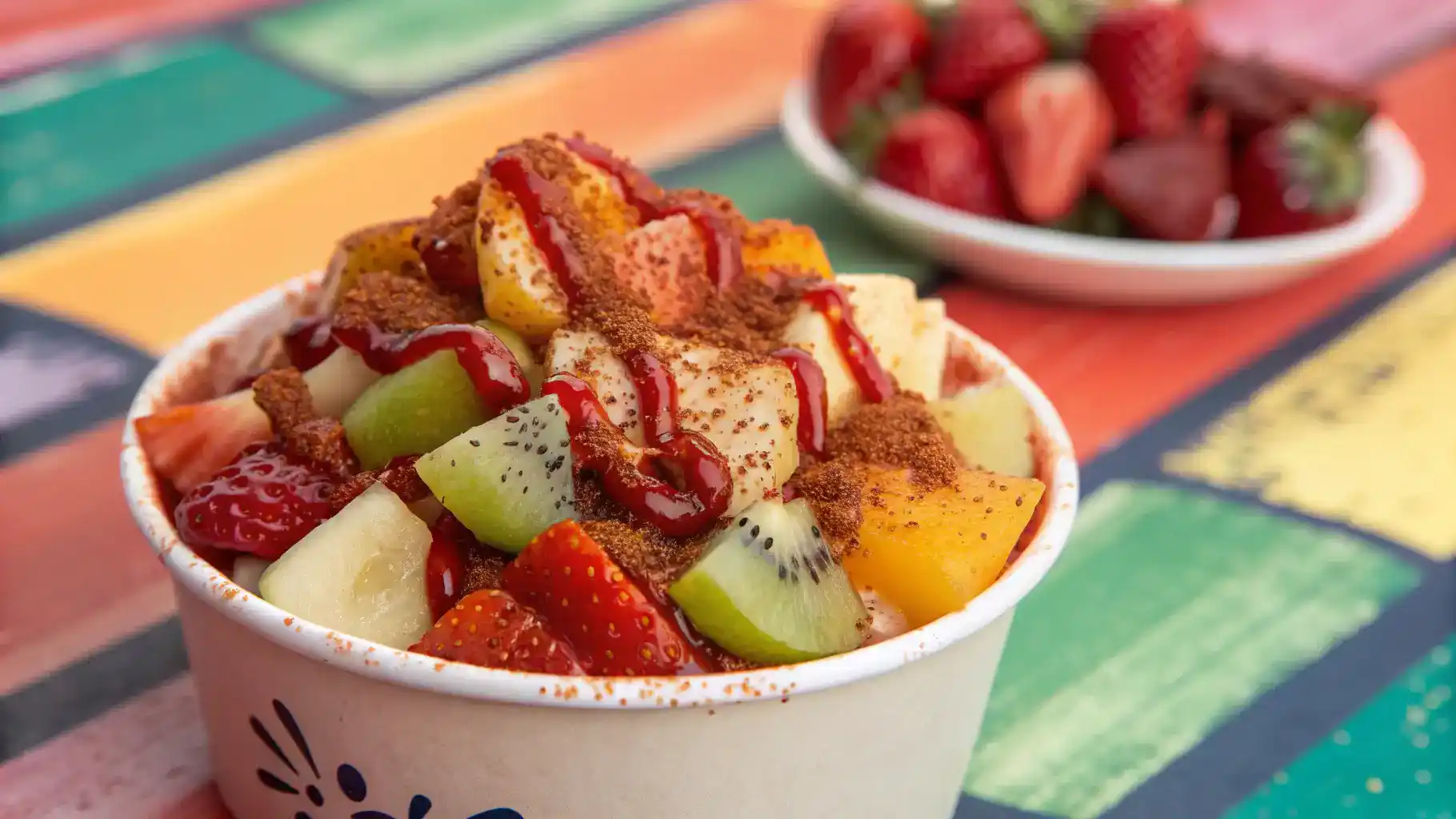 A bowl of fresh fruits topped with Tajin and chamoy, showcasing a colorful and appetizing snack.
