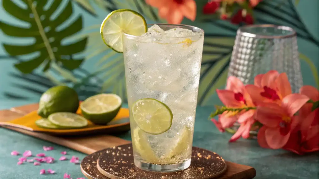 A beautifully presented Rum and Tonic mocktail with ice and lime garnish.