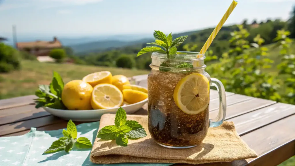 A finished muddy water drink served in a mason jar with lemon slices and mint leaves.